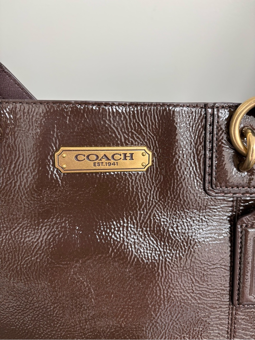 Coach Chocolate Brown Patent Leather Tote with Gold Hardware - Picture 4 of 7